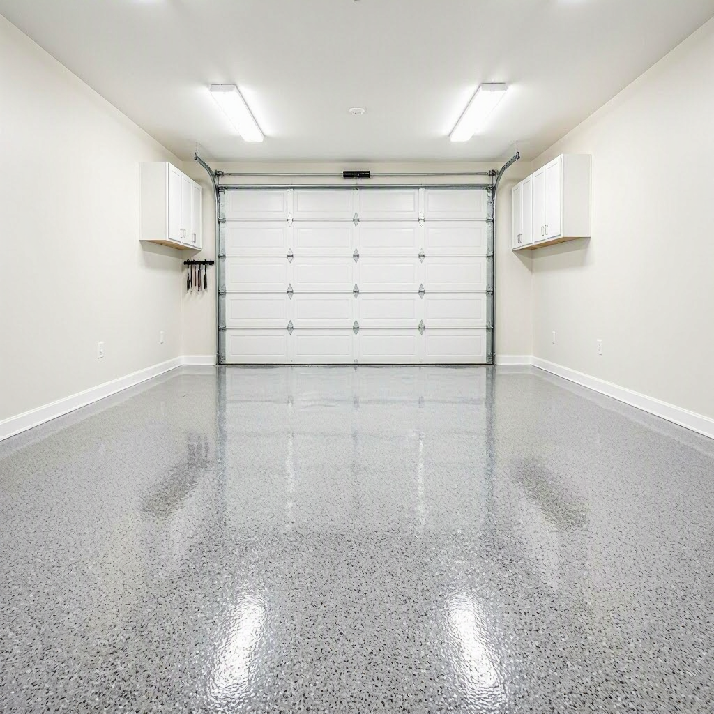 Example of a clean residential garage with a gray flake epoxy floor coating
